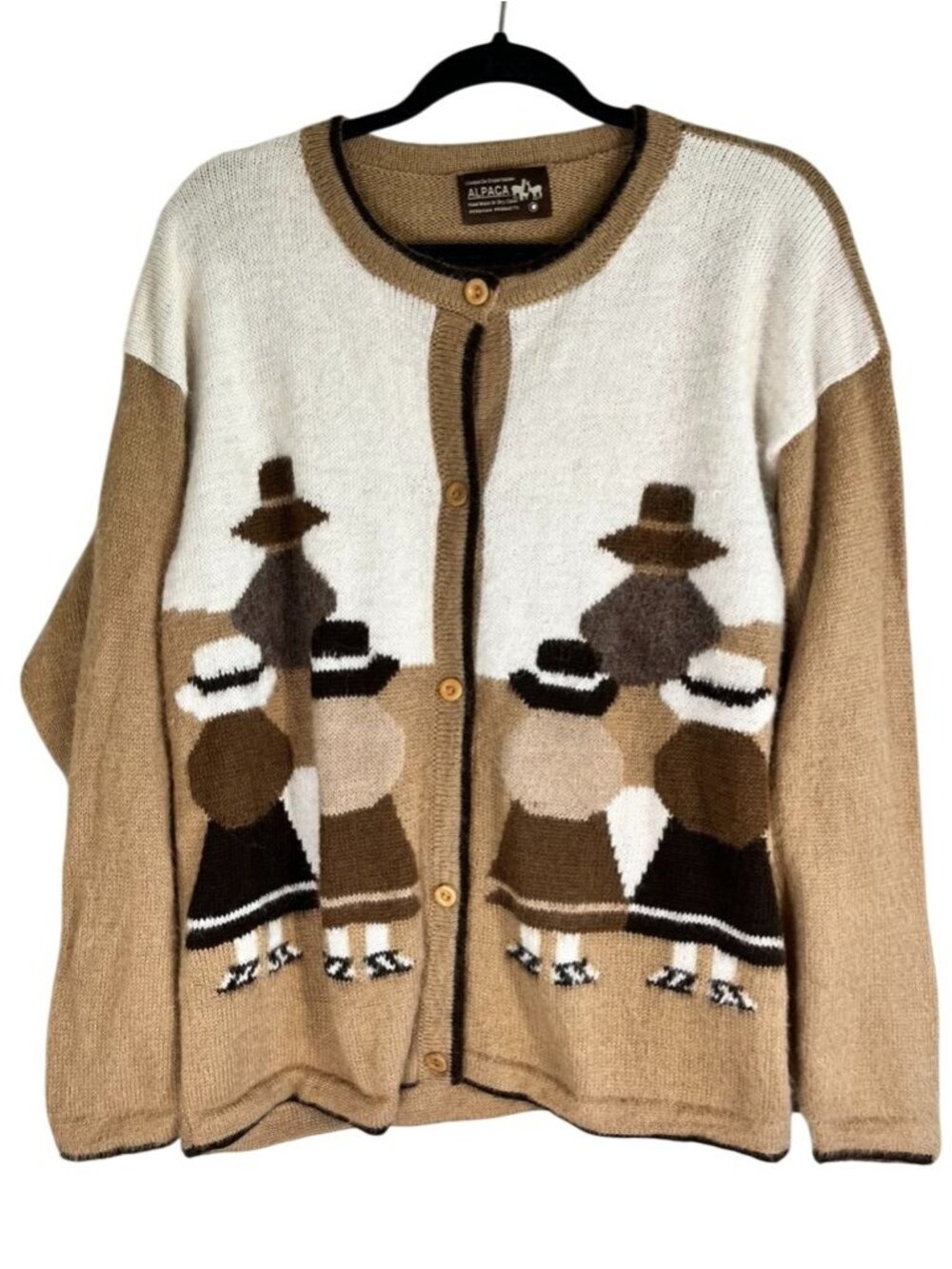 Vintage Peruvian Alpaca Hand Knit Cardigan L Native Folk Art Neutral Primitive